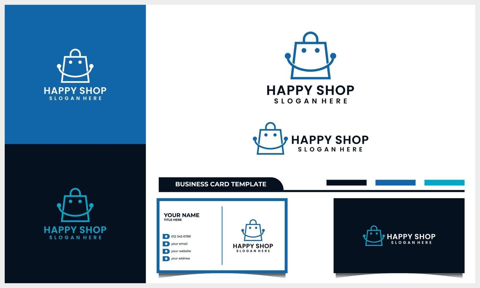 Shop bag with smile symbol logo concept and business card template set vector