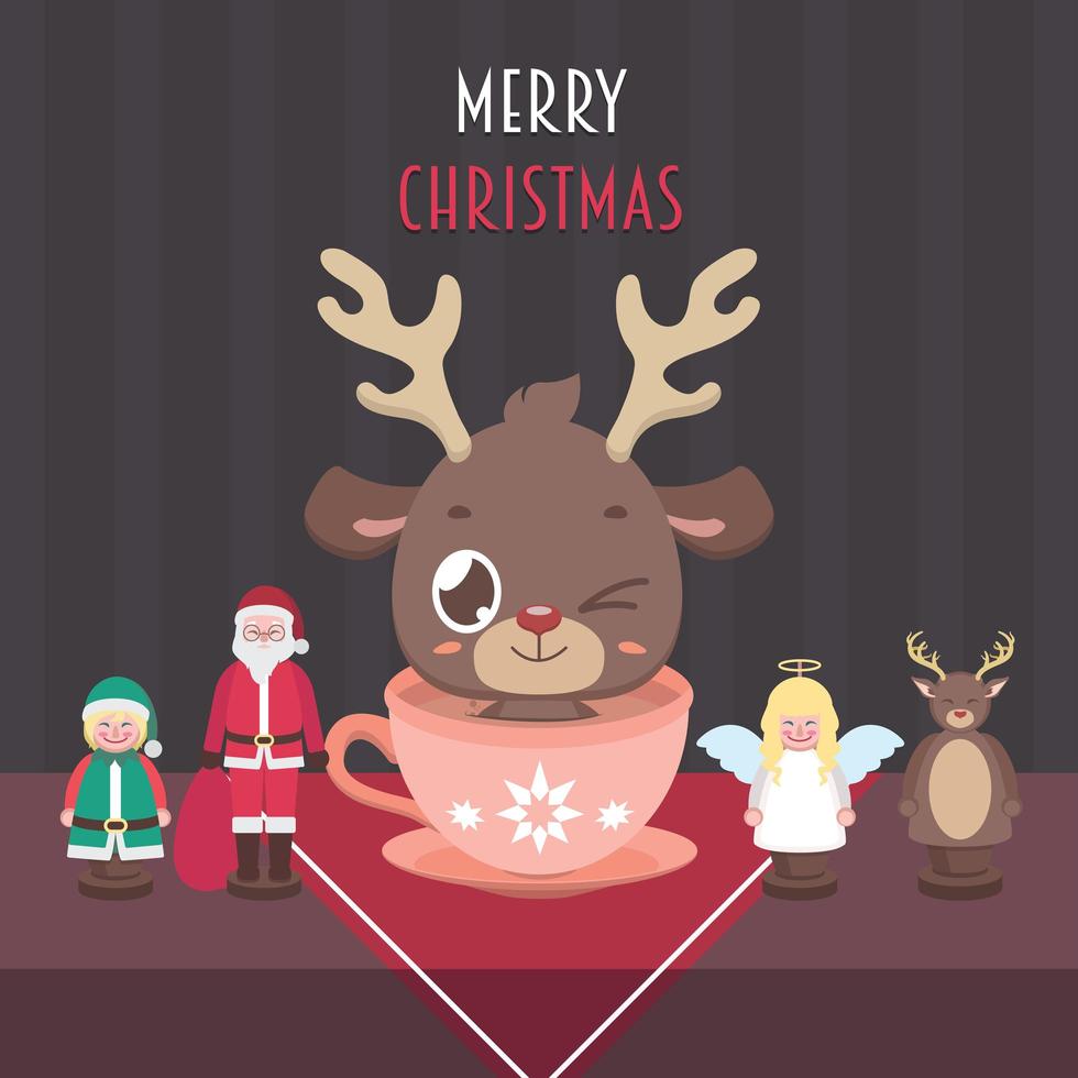 Christmas scene with a cute reindeer and wooden dolls vector