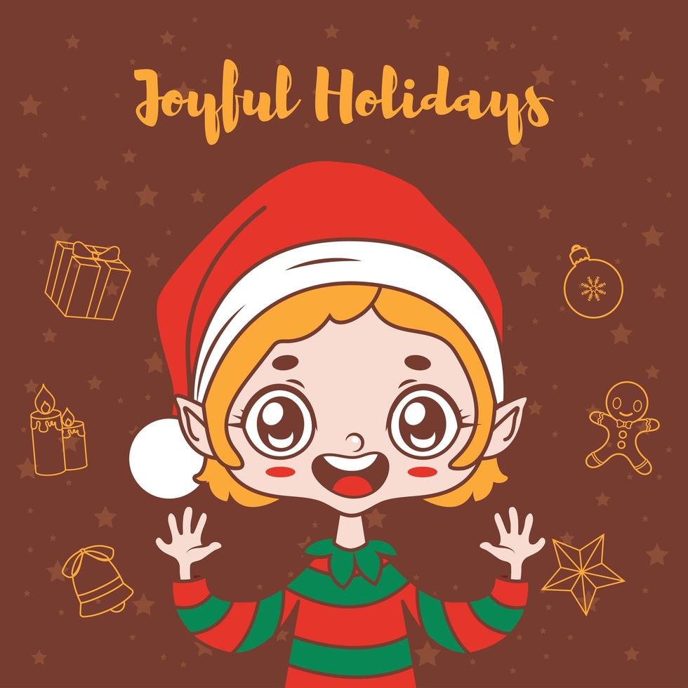 Christmas greeting with joyful cartoon elf vector