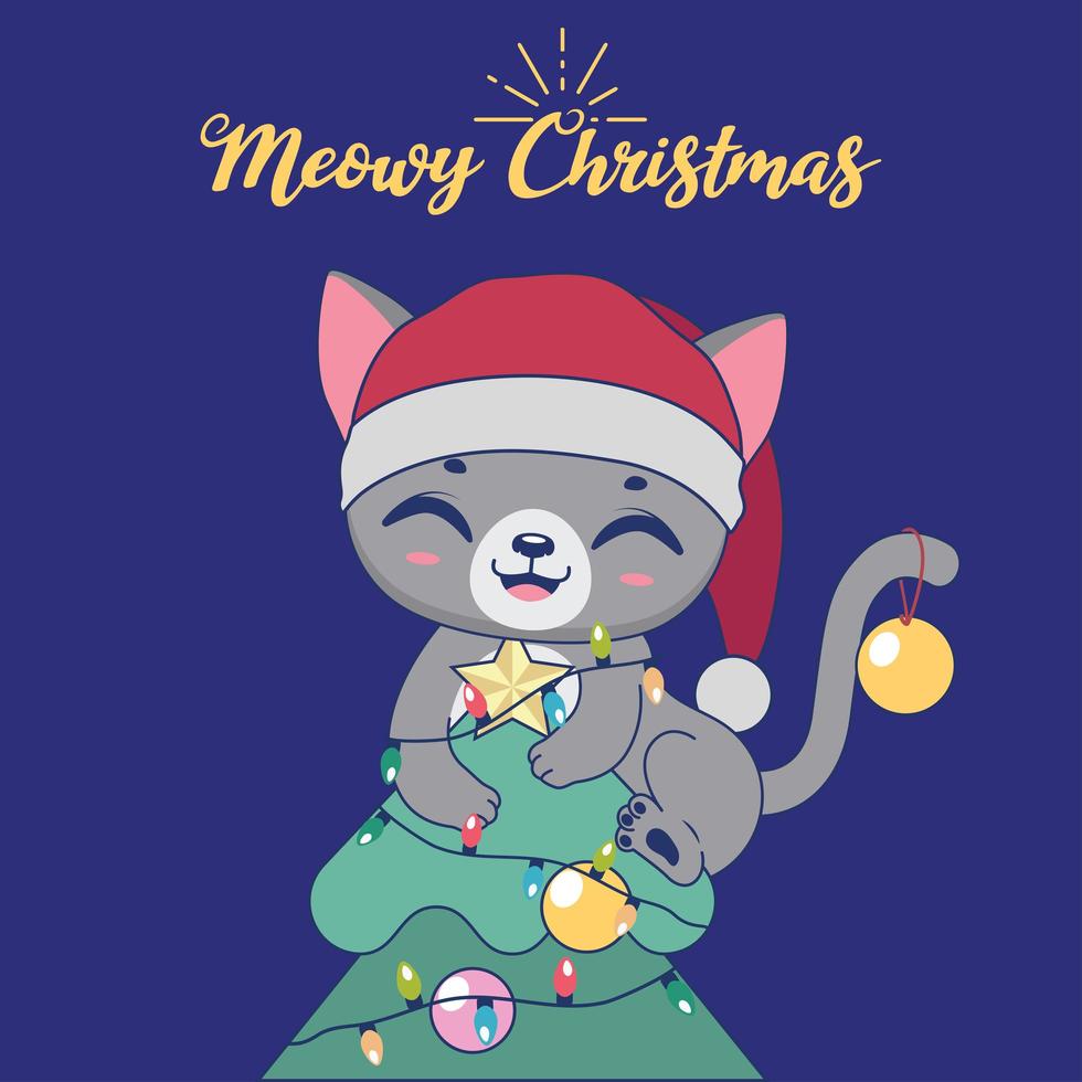 Christmas illustration with a cute mischievous cat on top of a tree vector