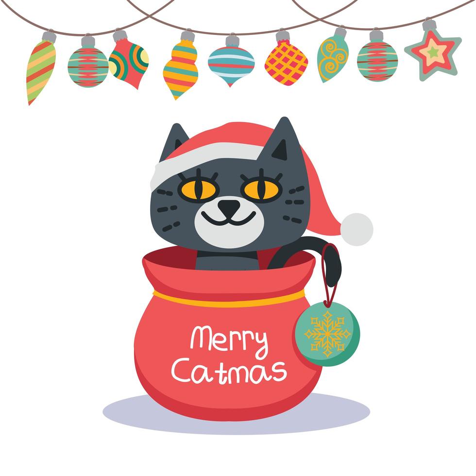 Ilustración de un gato de navidad con adornos de fondo vector