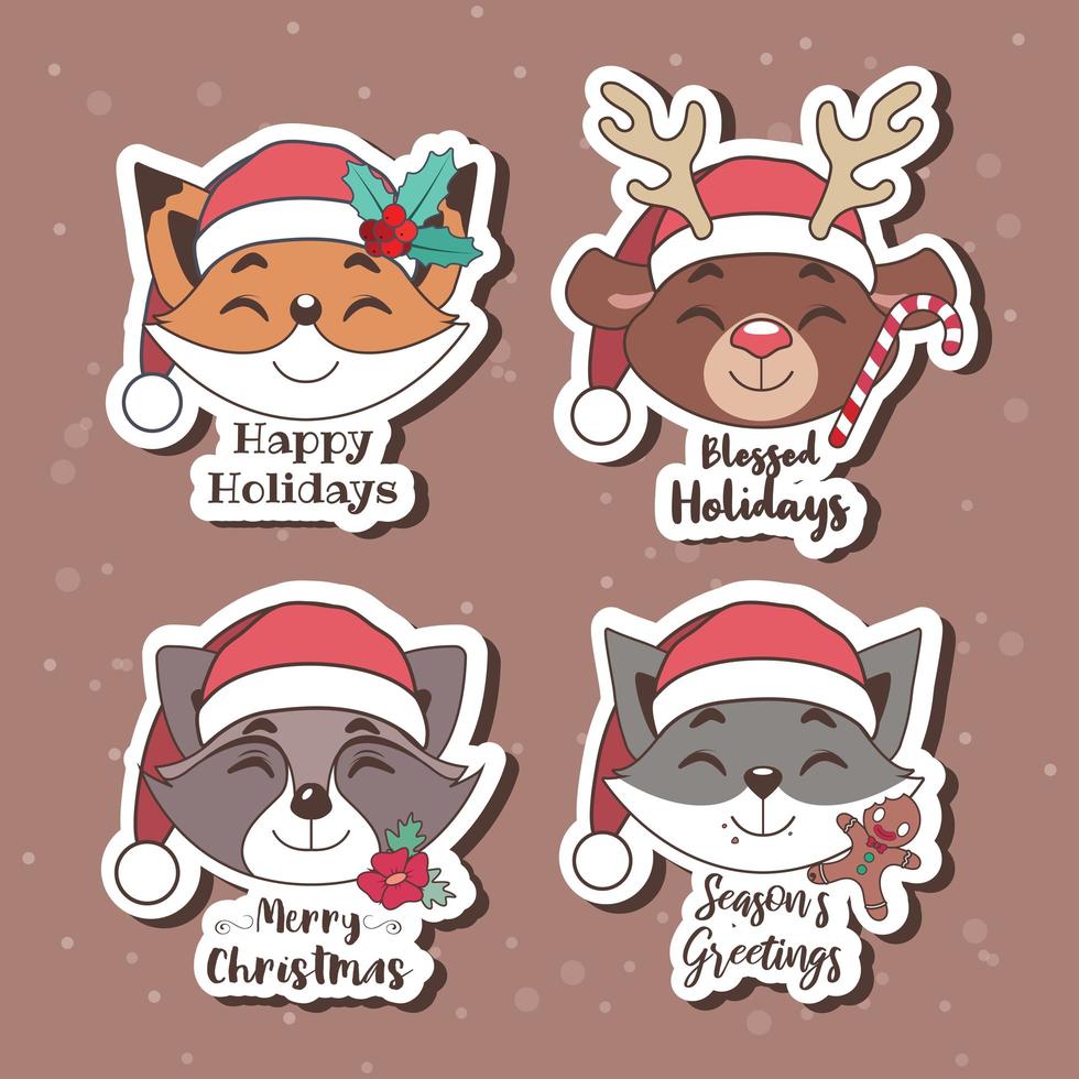 Christmas stickers with joyful animals vector