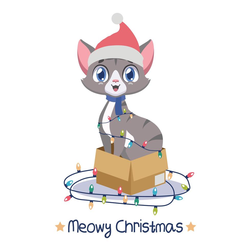 Jolly Cat sentado en una caja de cartón rodeada de luces navideñas vector
