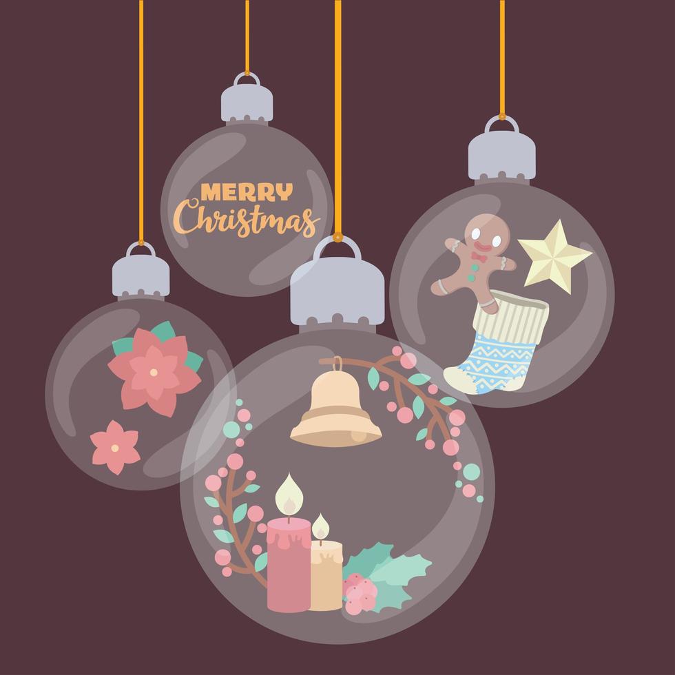 Transparent festive baubles filled with Christmas elements vector