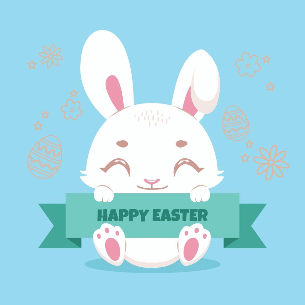 Cute happy easter bunny holding a banner with festive text vector