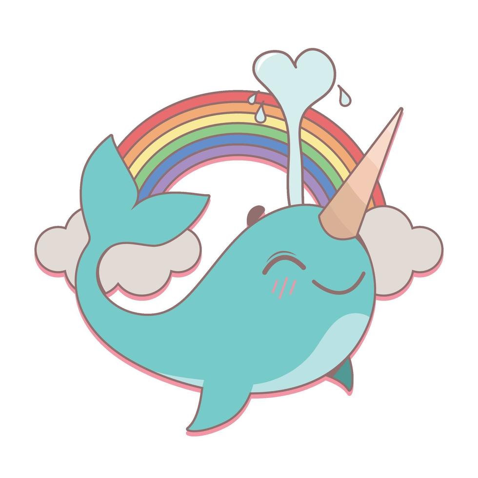 Happy narwhal shooting out a heart shaped water stream vector