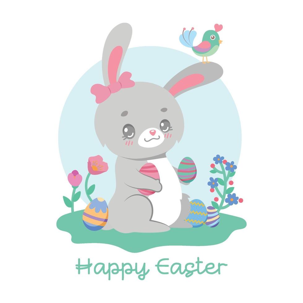 Cute easter bunny and little bird illustration vector