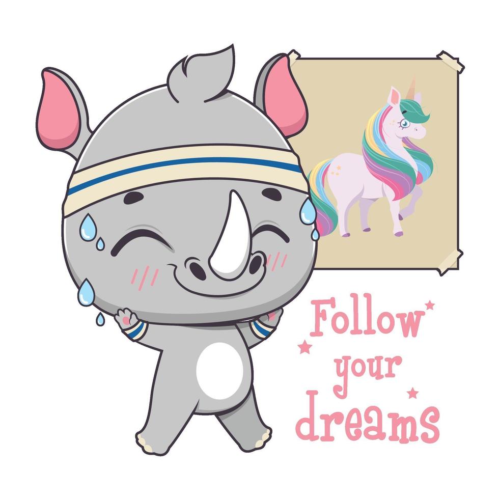 Cute funny rhino doing fitness to achieve their dreams vector