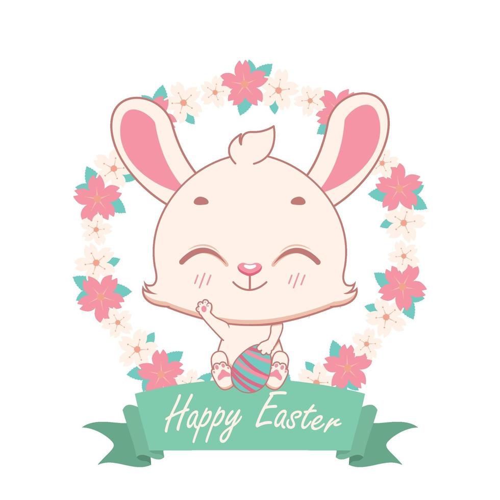 Happy easter bunny with floral wreath and festive banner vector