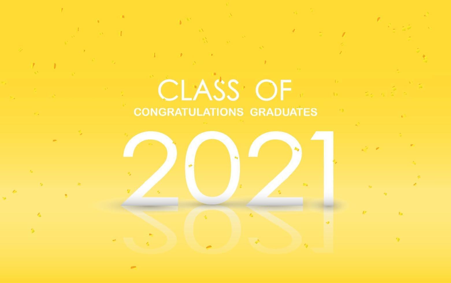 clase de 2021. banner de graduación con números blancos, gorra académica de posgrado, concepto de diseño de graduación. tarjeta de felicitación con texto de letras. vector. vector