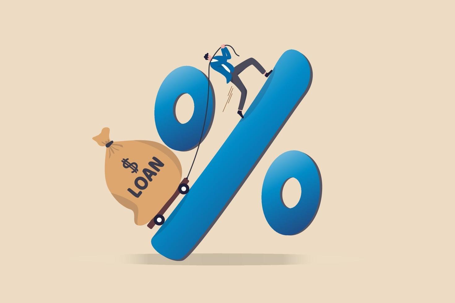 Personal loan interest rate, finance risk, debt or mortgage to pay back, credit or monetary policy concept, man trying hard to pulling heavy money bag labeled as loan up the hill on percentage sign. vector