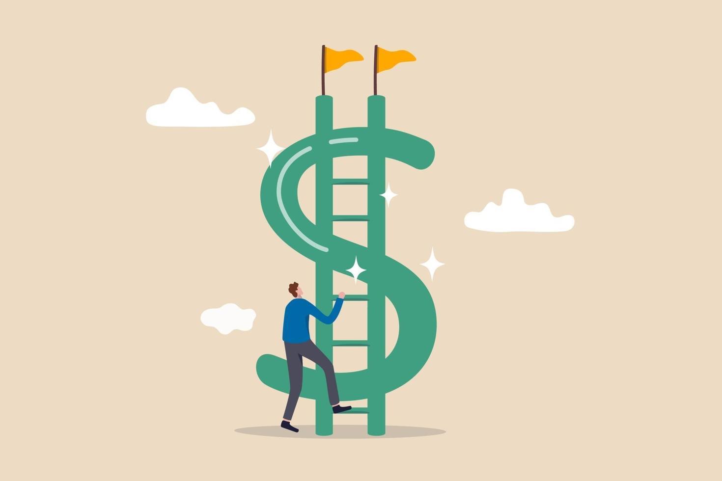 Money ladder to achieve financial independent goal, challenge to reach investment target or wealth planning strategy concept, businessman starting to climb up ladder to the top of money dollar sign. vector