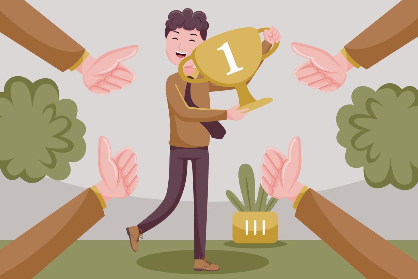 Businessman celebrating with trophy award for success in business. vector