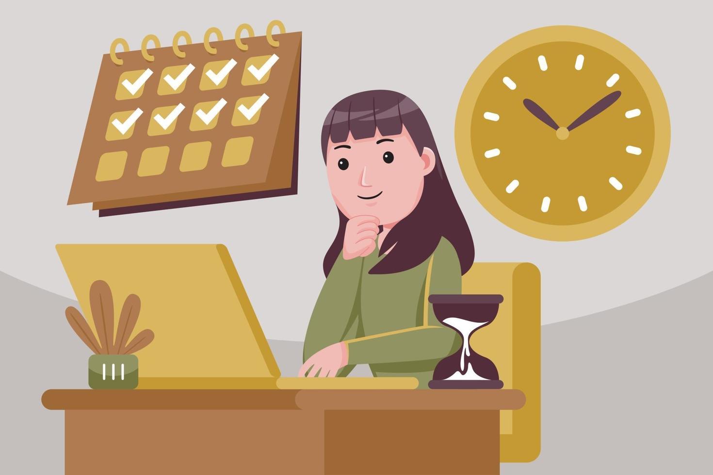 mujer exitosa en control de tareas y tiempo. vector