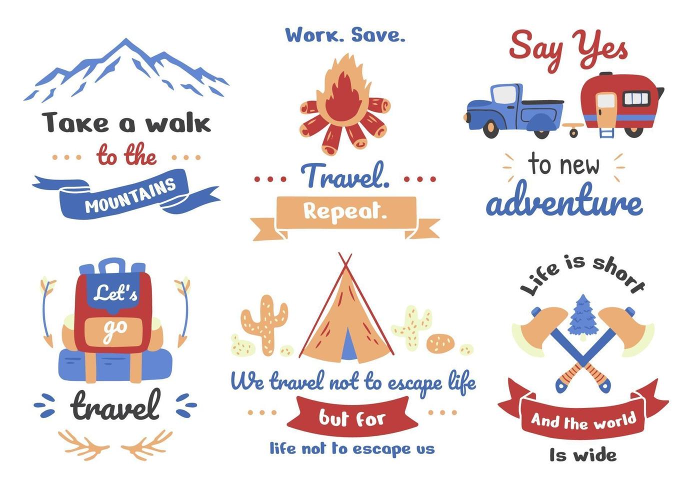 Tourism and vacation vintage-style illustration set vector