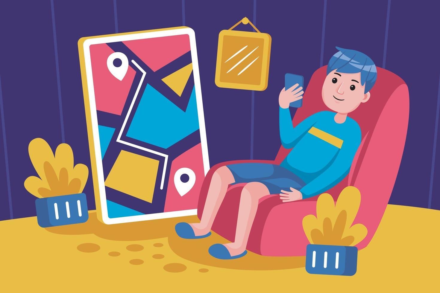 Young man sits back to buy products with smartphone vector