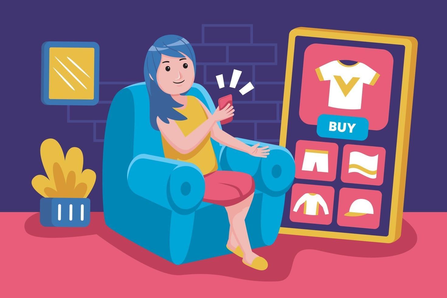 Young woman sits back to buy products with smartphone vector