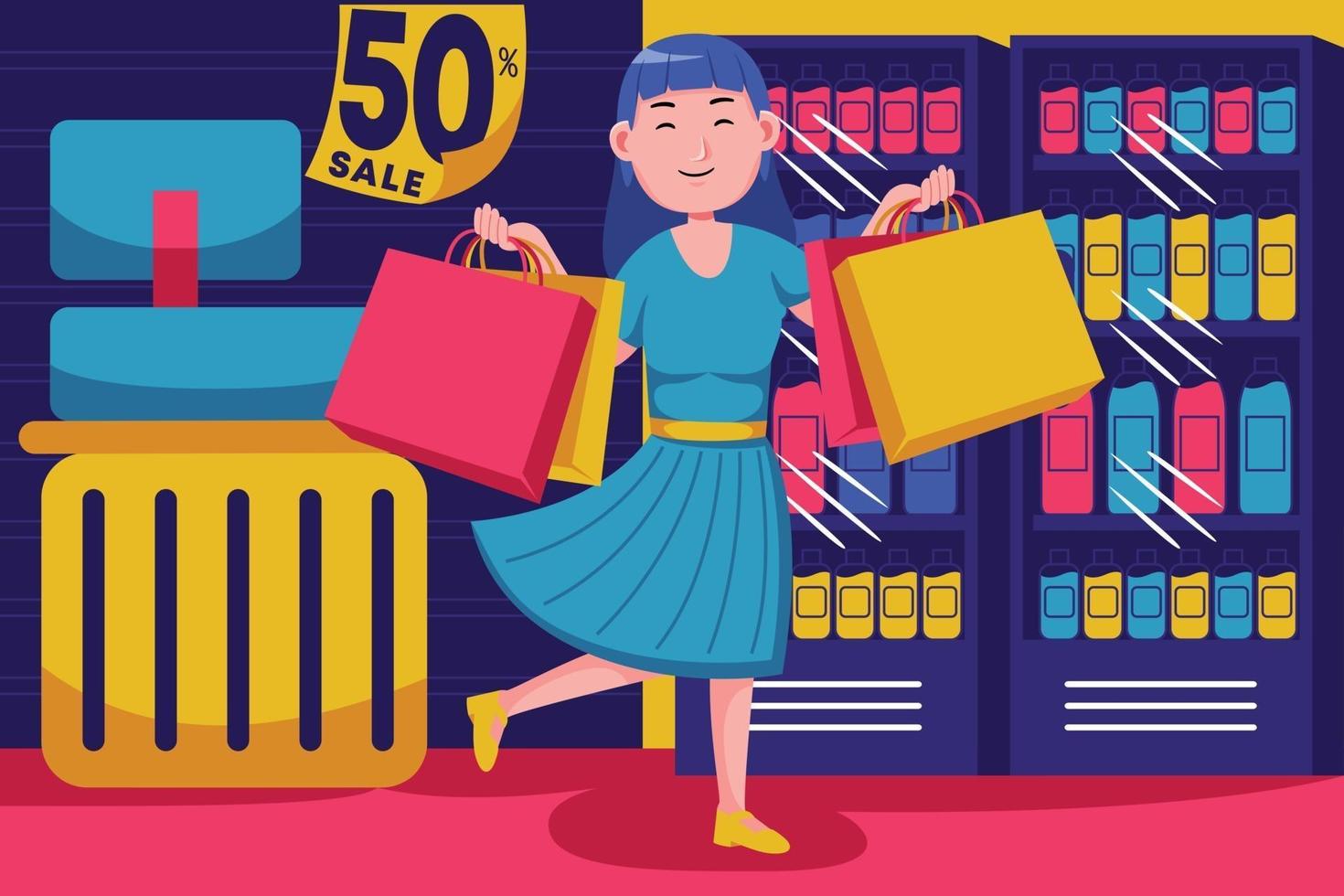 Happy young woman shopping at the supermarket vector