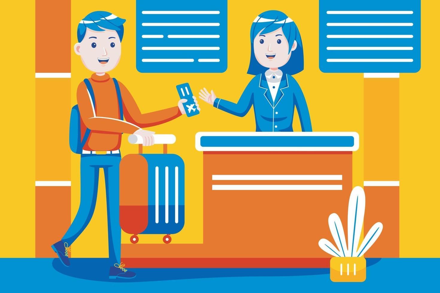 Man checks in desk counter gate at international airport. vector