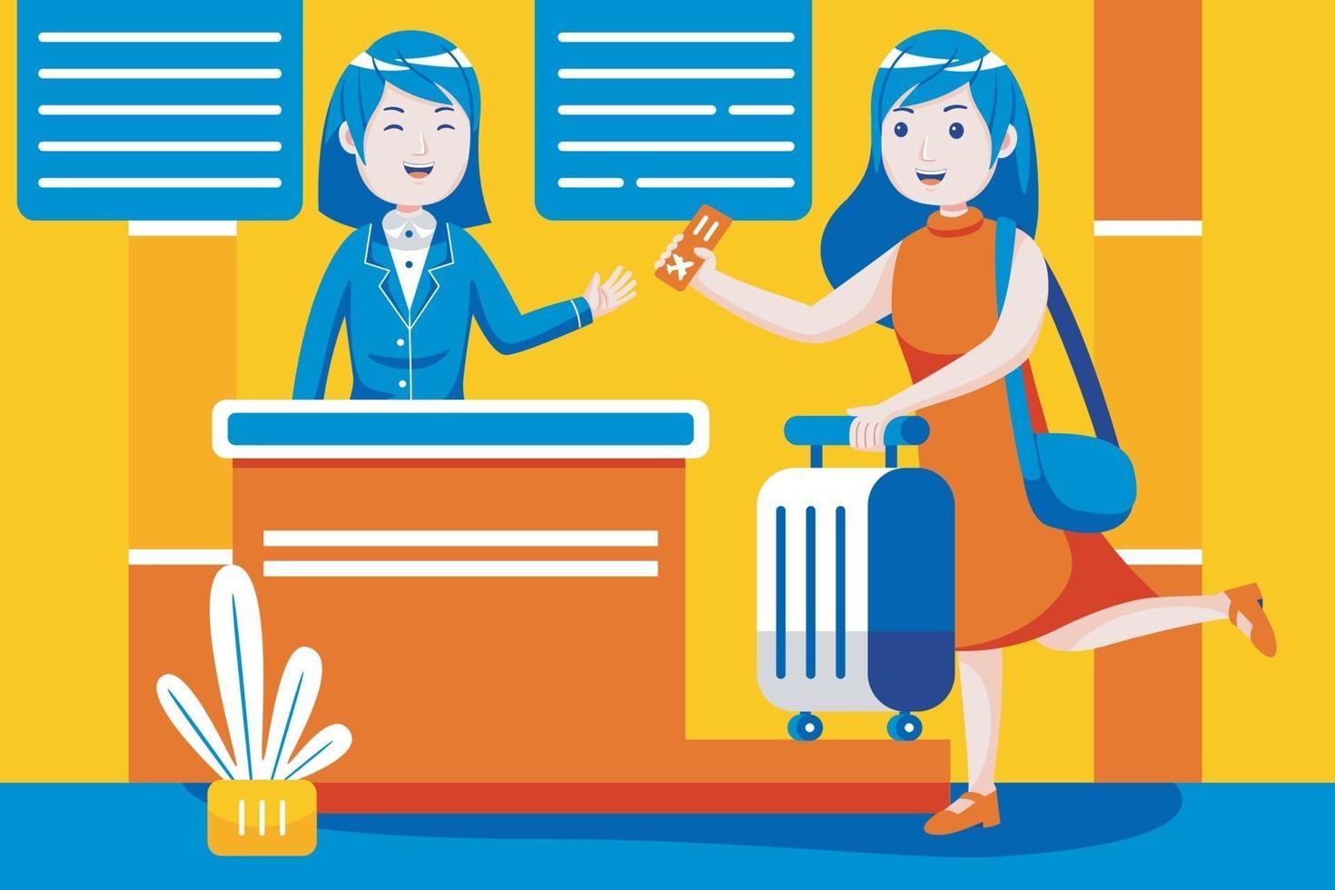 Woman checks in at desk counter gate at international airport. vector