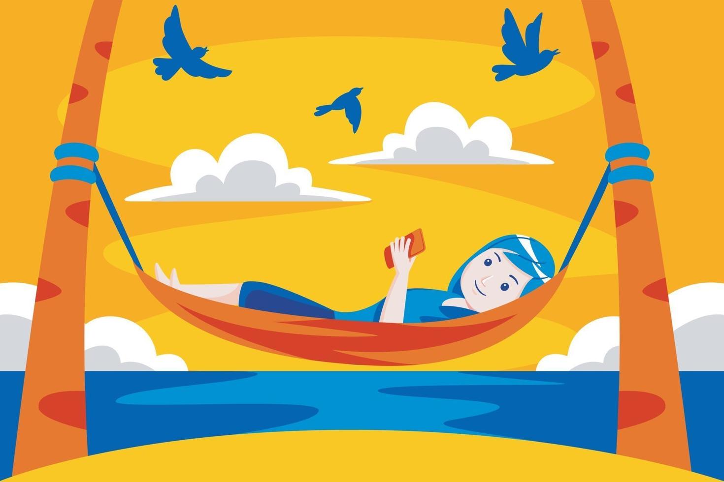 Woman relaxing in the hammock on tropical beach. vector