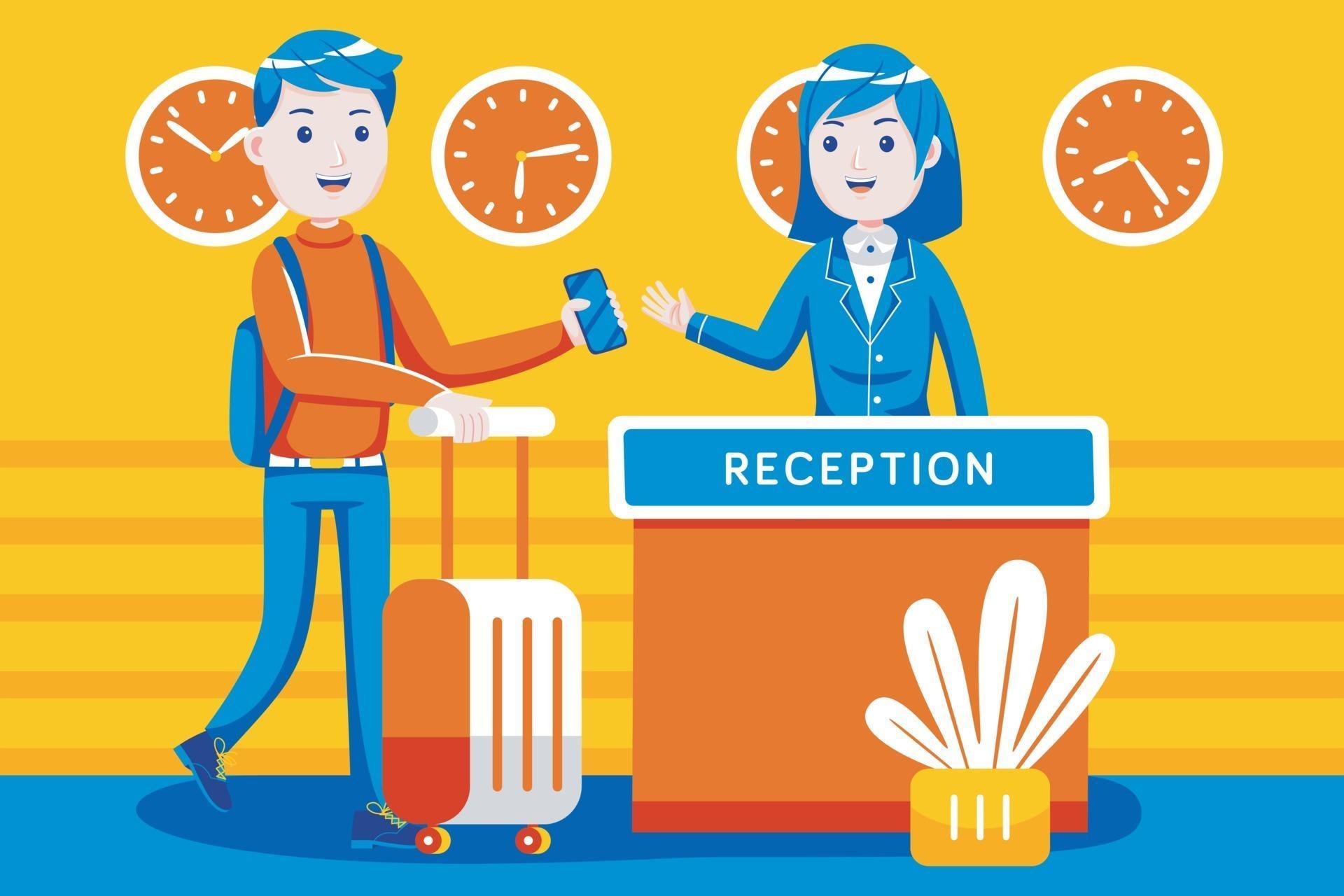 Young man checks in hotel room at reception. 2175608 Vector Art at Vecteezy