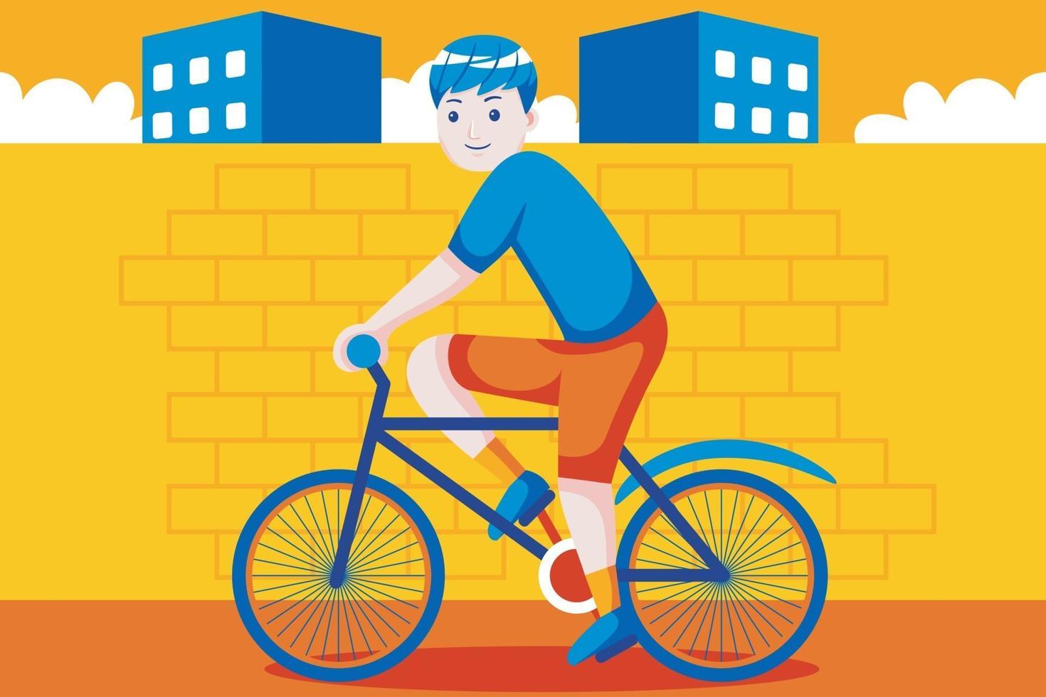 Happy young man with bicycle in city. vector