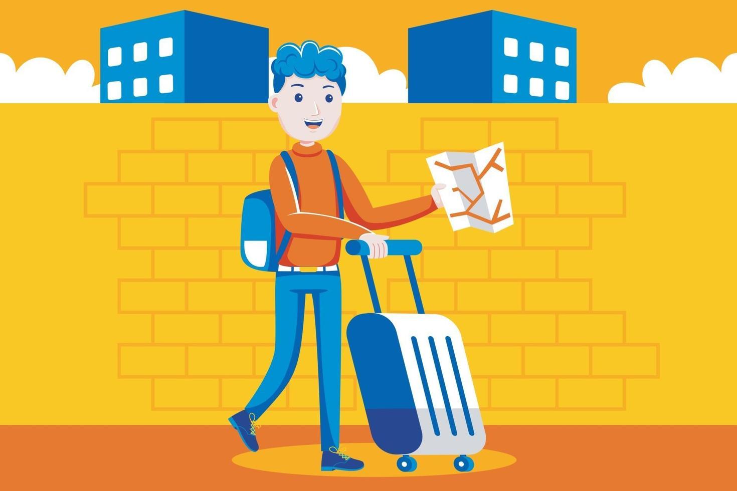 Carefree young man searching for place of destination. vector
