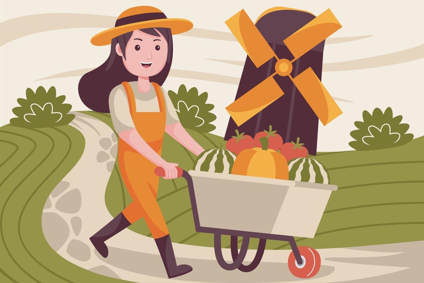 Happy woman pushing farm trolley vector