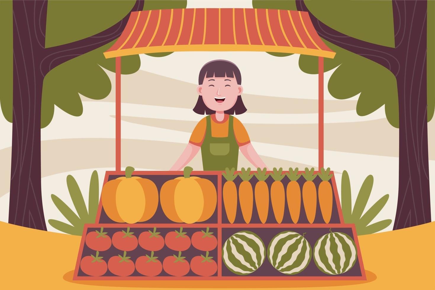 Happy woman farmer selling fruits at farmer market. vector