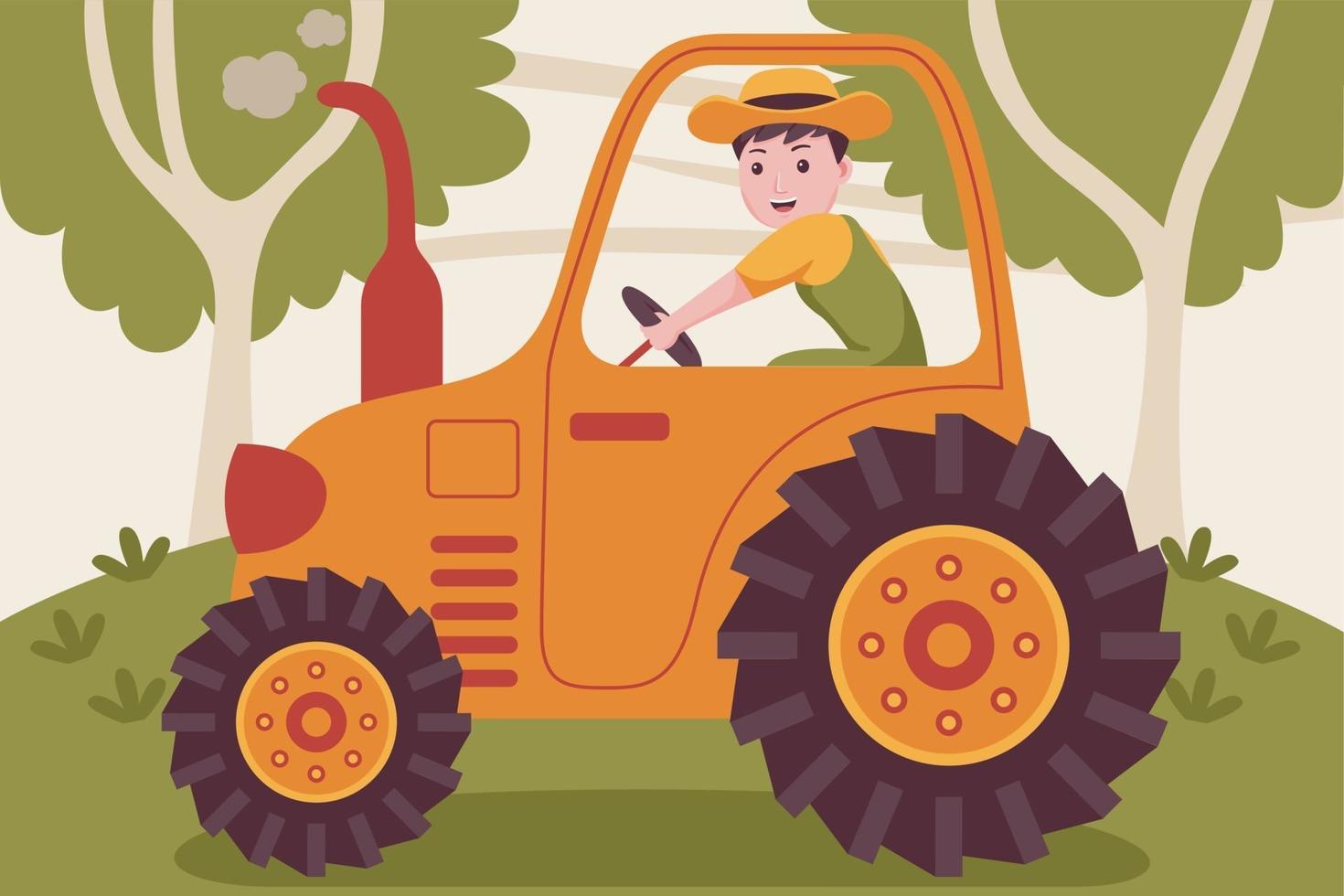 Happy man farmer driving tractor at the garden. vector