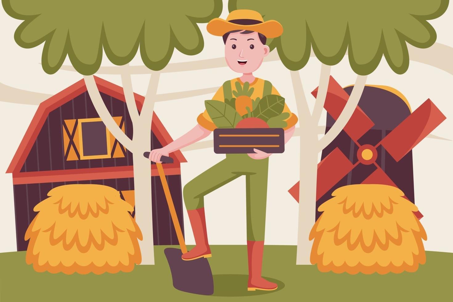 Happy man farmer bring carrot in the basket. vector