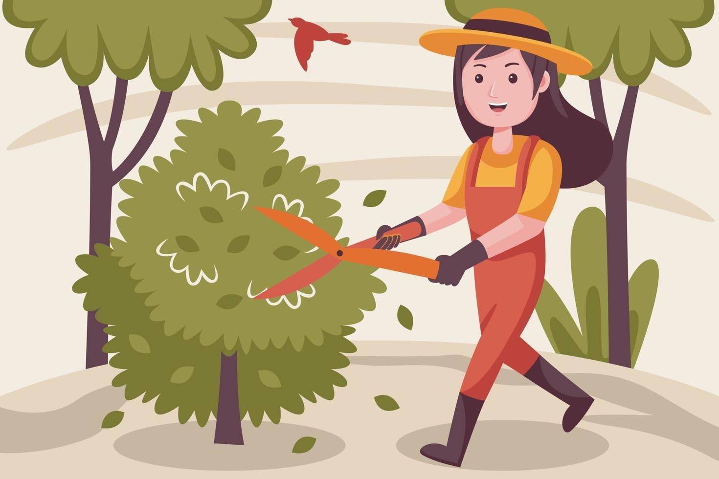 mujer campesina feliz cortando plantas en el jardín. vector