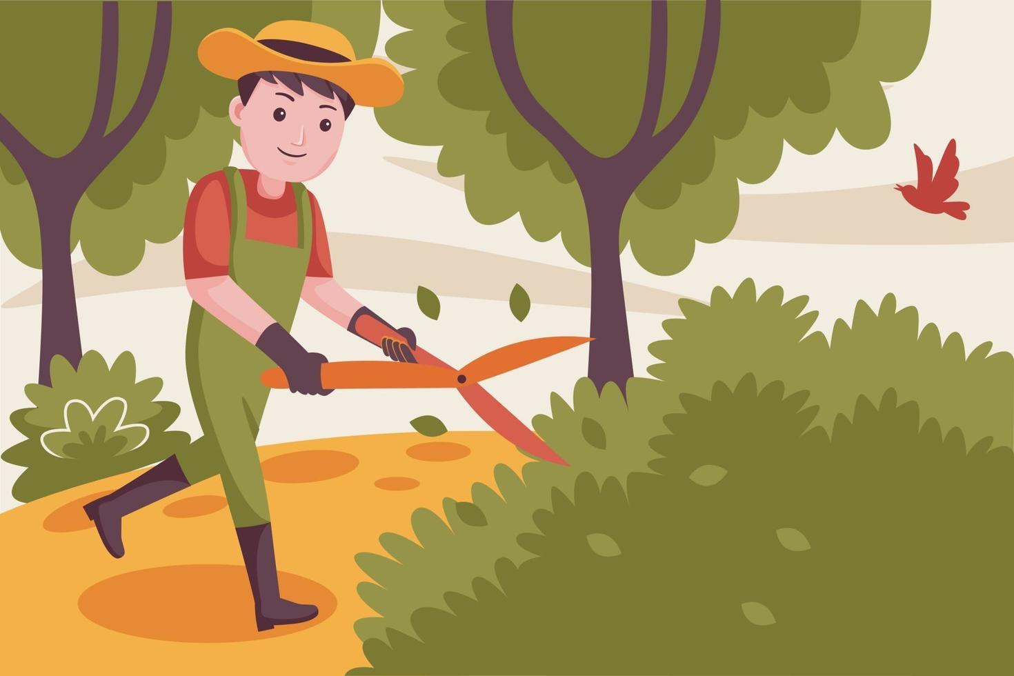 Happy man farmer cutting plants at the garden. vector