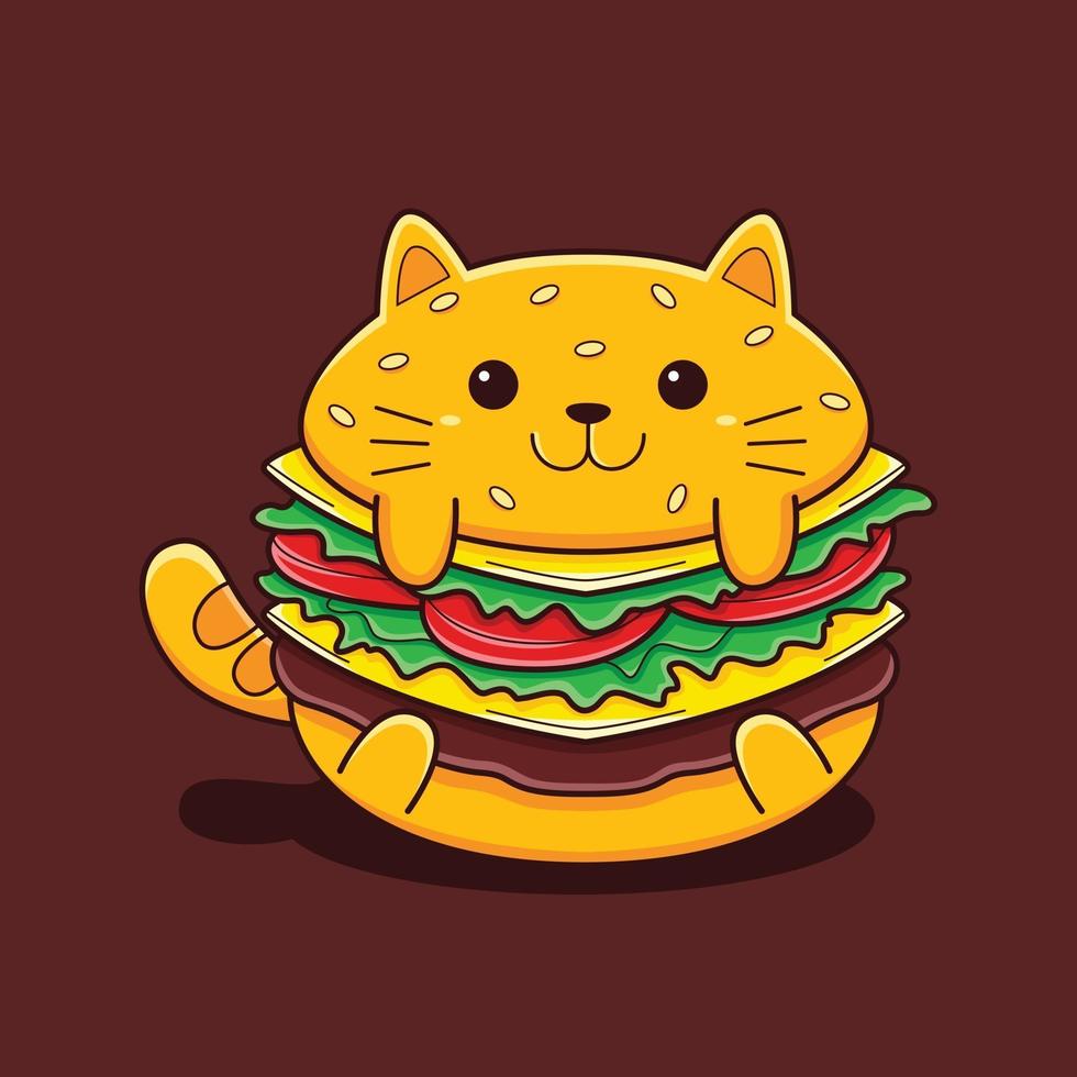 Ejemplo lindo del gato de la hamburguesa con estilo plano de la historieta. vector