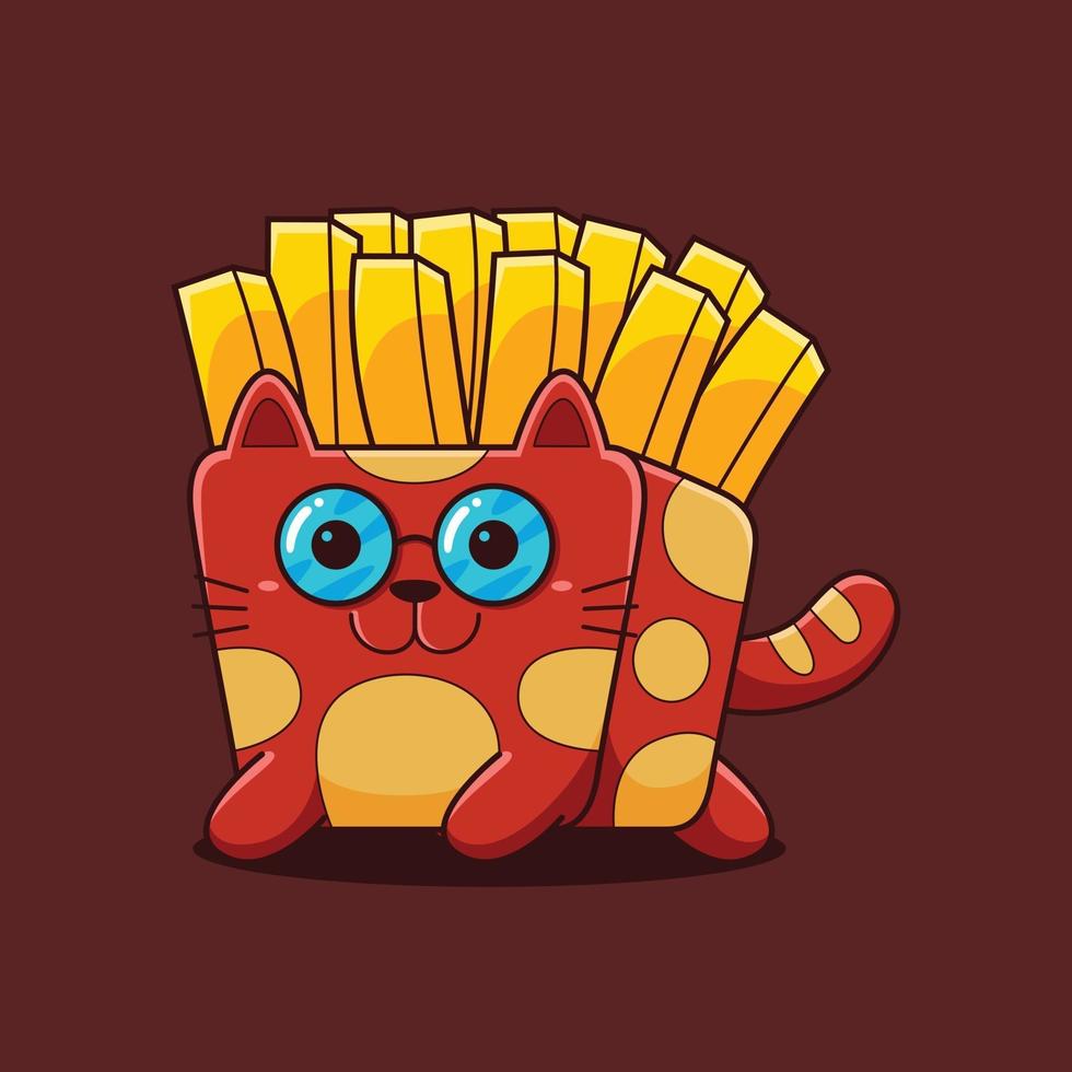 Cute French fries cat illustration with flat cartoon style. vector