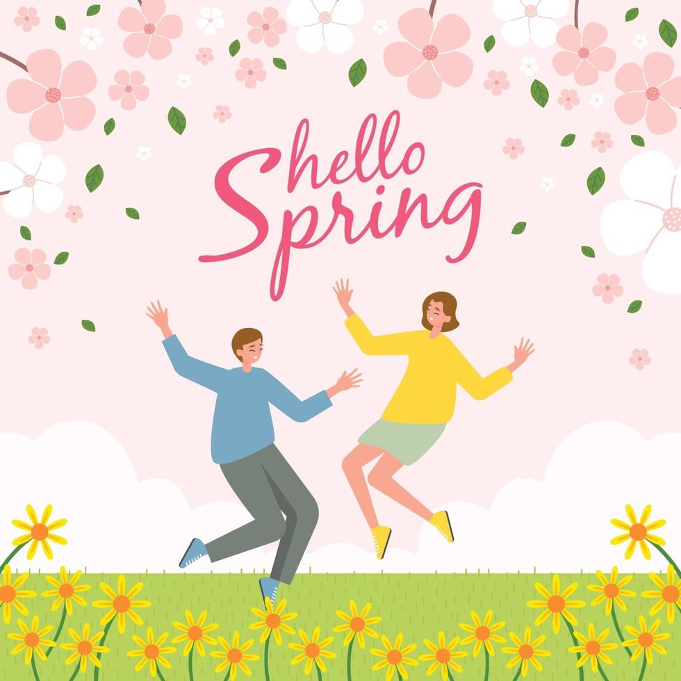 Hello Spring, Men and Women Celebrate Spring vector