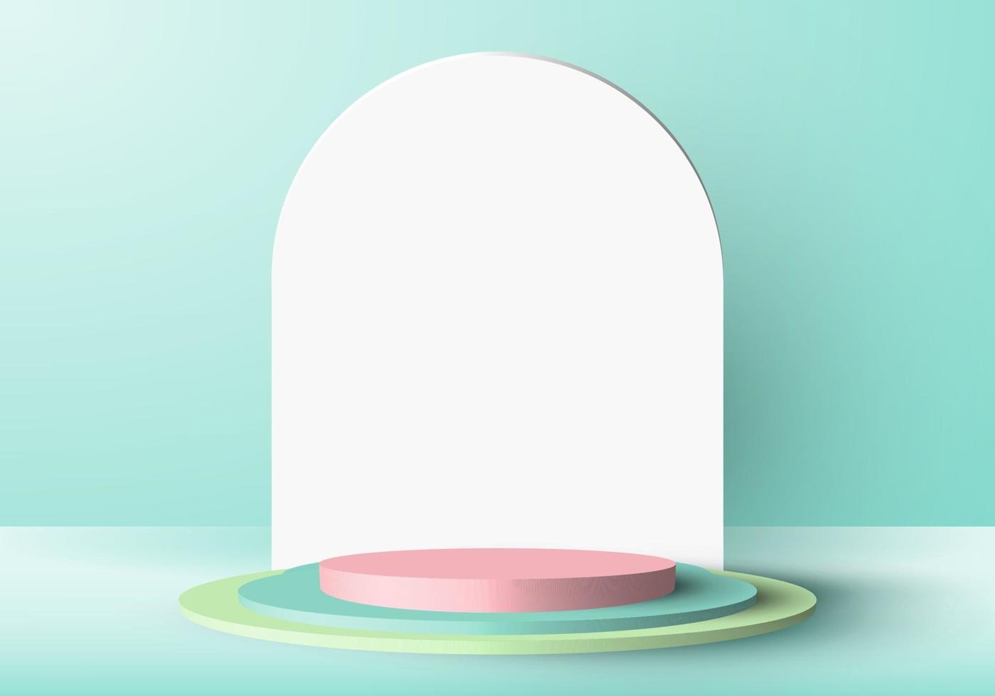 3D minimal scene green and pink cylinder podium in green mint background with rounded rectangle backdrop vector