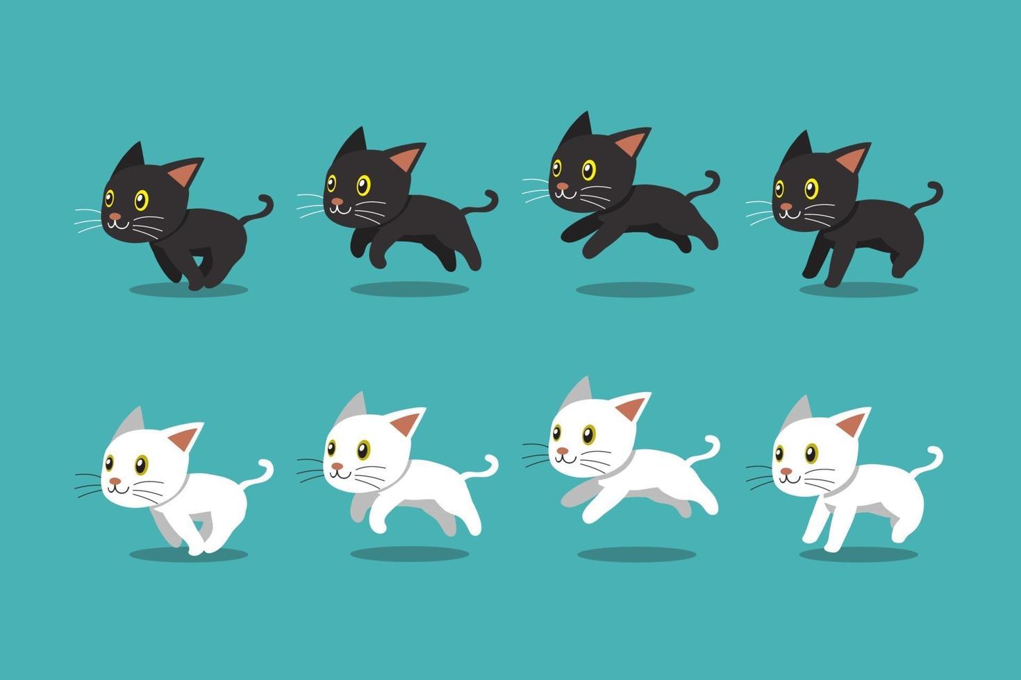 Vector cartoon black cat and white cat running set