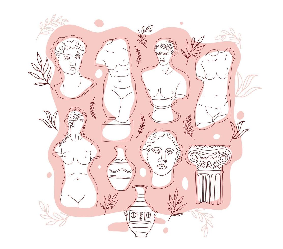 La antigua Grecia y Roma establecen la tradición y la cultura ilustración vectorial. la tendencia lineal del cartel antiguo, la antigua grecia y la antigua roma. diseño vectorial en rosa. vector