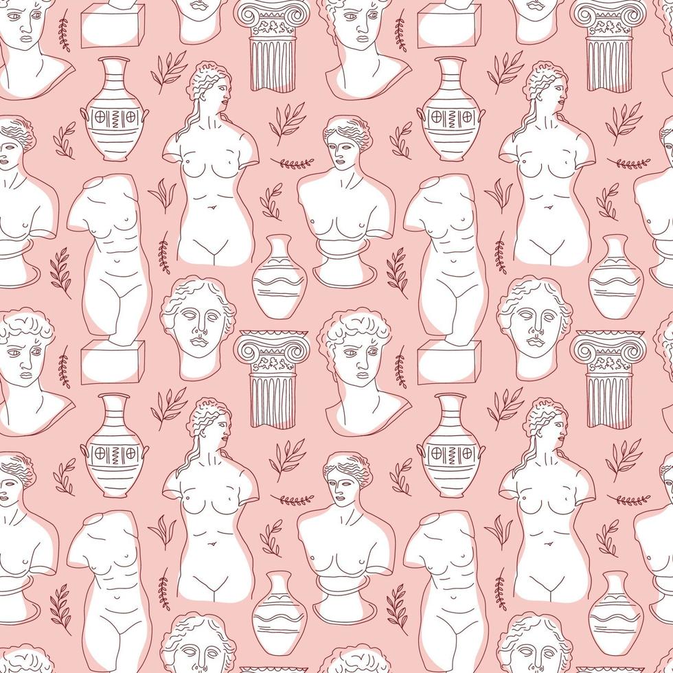 Ancient Greece and Rome set tradition and culture vector seamless pattern. The linear trend of the ancient surface pattern, Ancient Greece and Ancient Rome. Surface pattern on pink.