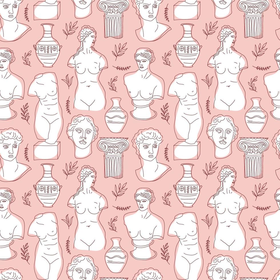 Ancient Greece and Rome set tradition and culture vector seamless pattern. The linear trend of the ancient surface pattern, Ancient Greece and Ancient Rome. Surface pattern on pink.