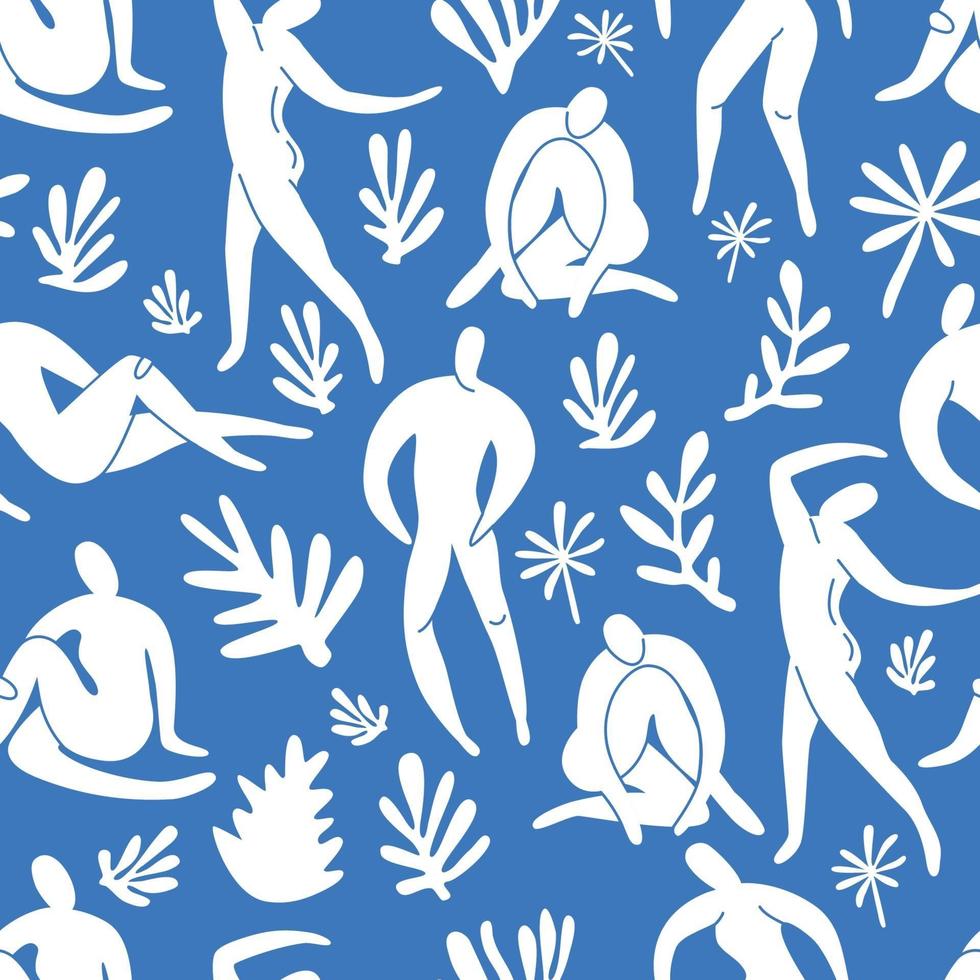 doodle de moda de patrones sin fisuras y los iconos de la naturaleza abstracta sobre fondo azul. colección de verano, formas inusuales en estilo matisse art a mano alzada. incluye personas, arte floral. vector