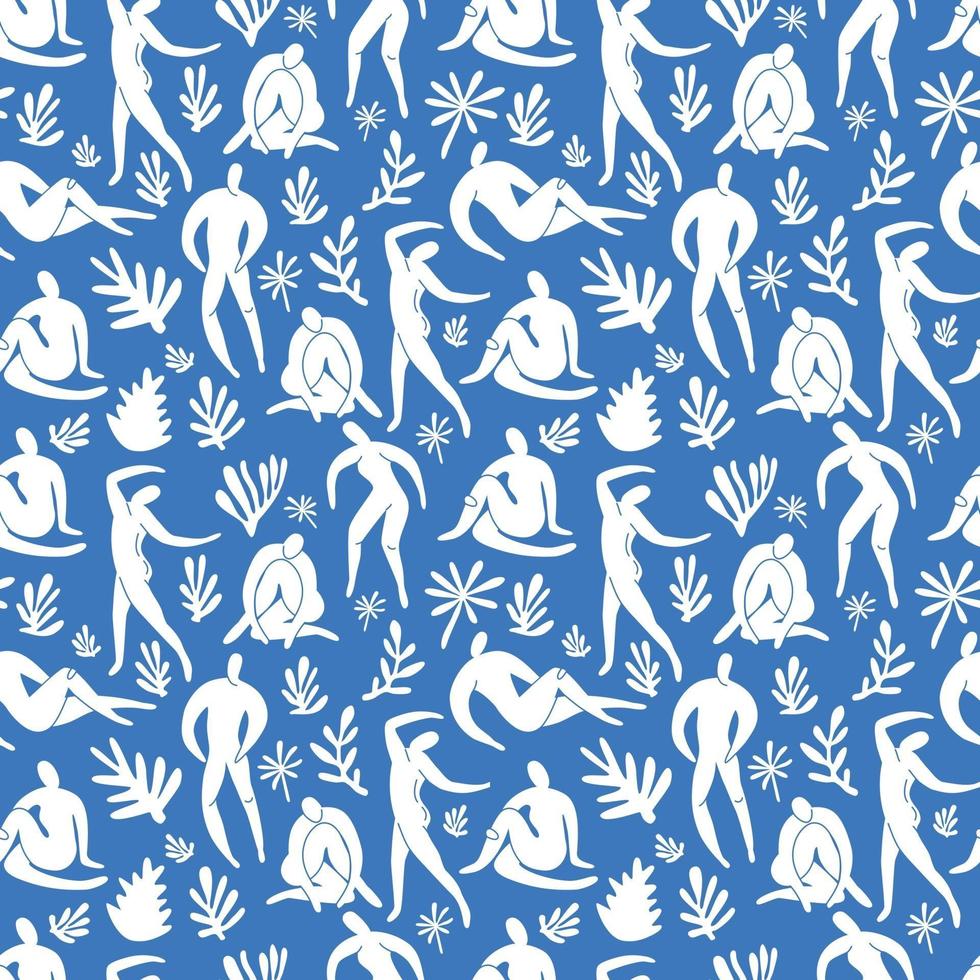 Seamless pattern trendy doodle and abstract nature icons on blue background. Summer collection, unusual shapes in freehand matisse art style. Includes people, floral art. vector