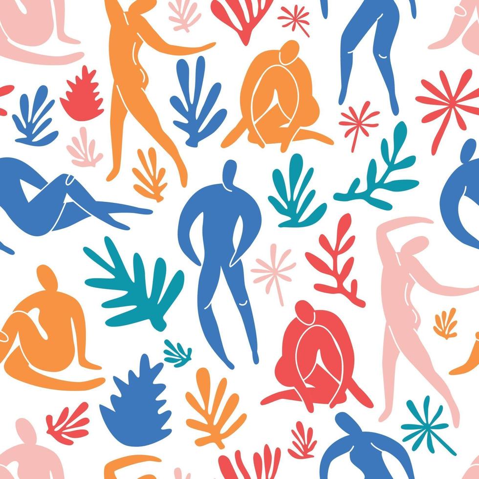 Seamless pattern trendy doodle and abstract people icons on white background. Summer collection, unusual shapes in freehand matisse art style. Includes people, floral art. vector