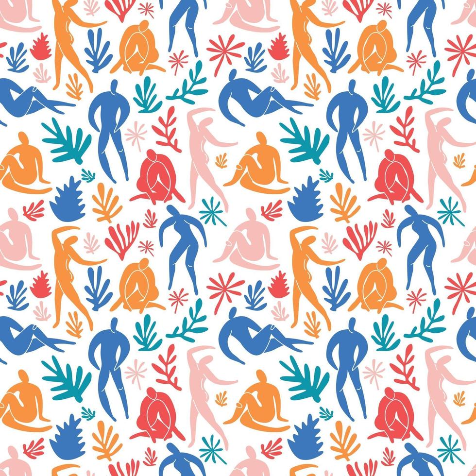 Seamless pattern trendy doodle and abstract people icons on white background. Summer collection, unusual shapes in freehand matisse art style. Includes people, floral art. vector