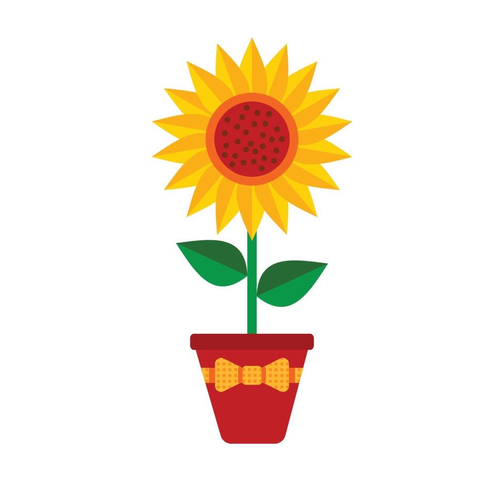 Sunflower with green leaves in a pot with a bow in a rustic style in flat style isolated on white background. Vector Illustration