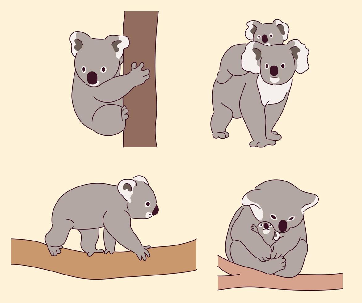 un conjunto de personajes de koala en varias poses. vector