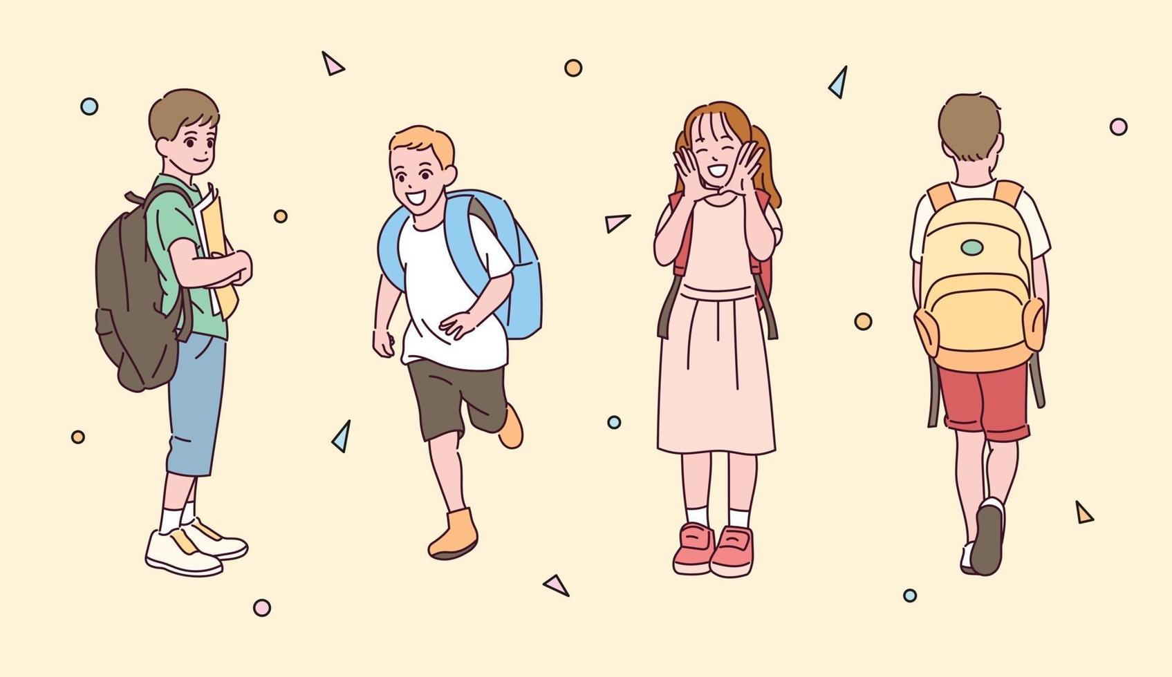 A set of children characters carrying a bag. vector