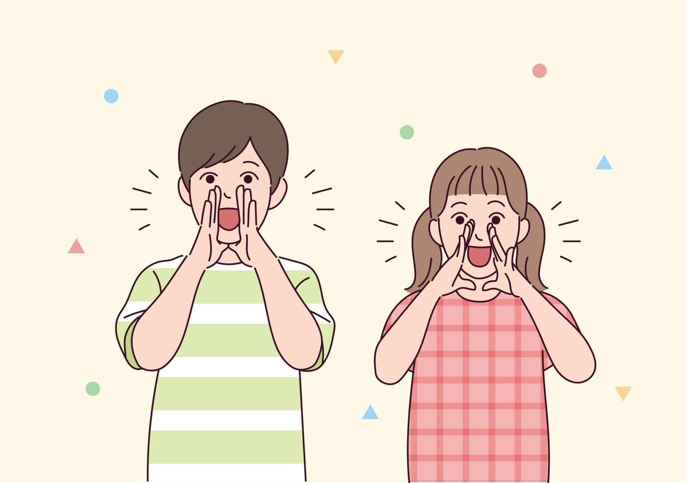 Cute children are shouting with their hands together. vector